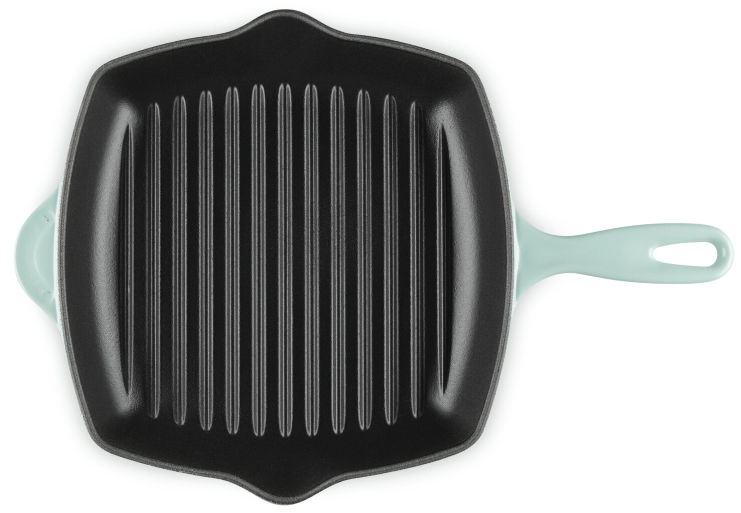 Quadratische Grillpfanne mit geriffelter schwarzer Bratfläche und hellmintfarbenem Griff, Draufsicht von oben