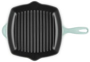 Quadratische Grillpfanne mit geriffelter schwarzer Bratfläche und hellmintfarbenem Griff, Draufsicht von oben