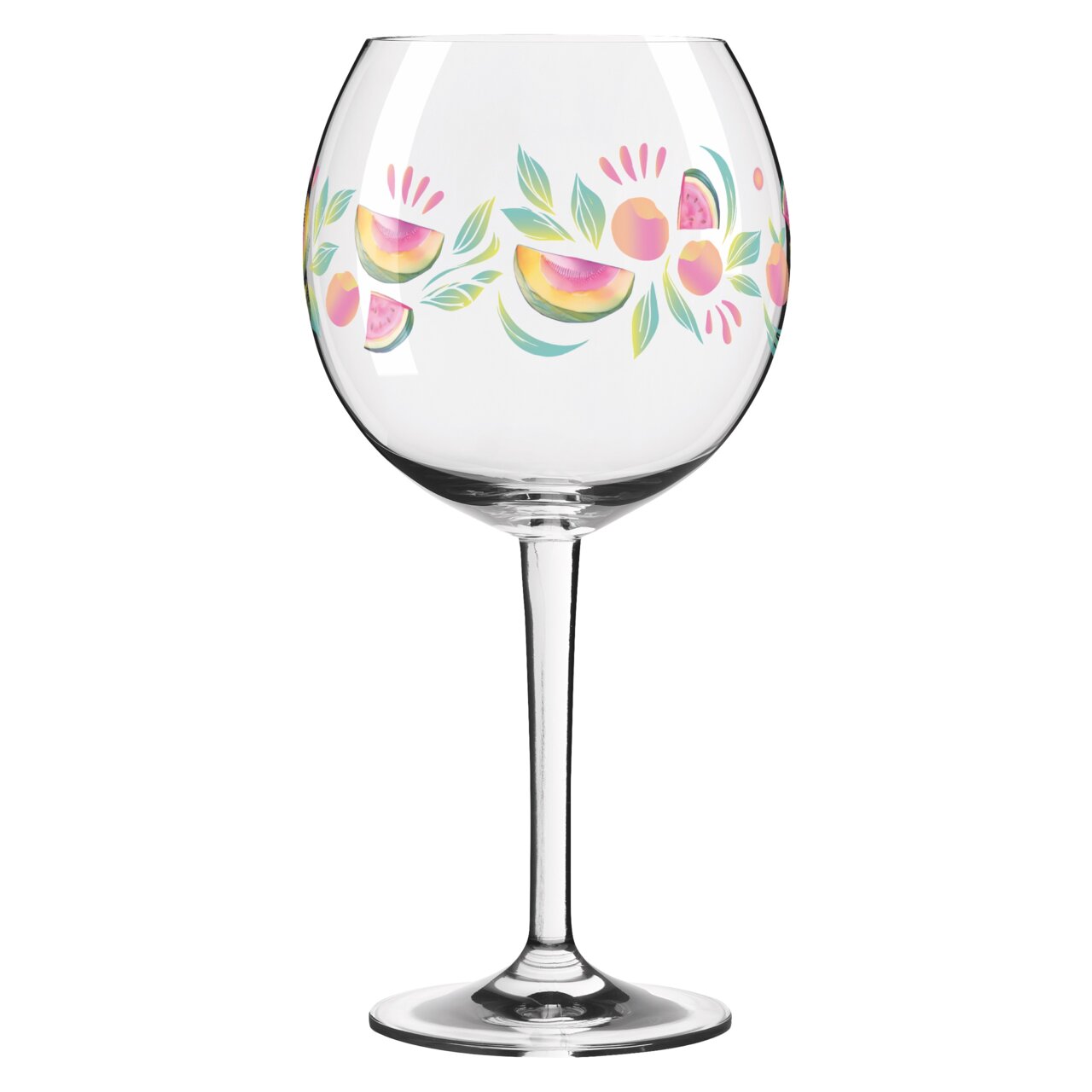 Cocktailglas mit buntem, floralem Design, seitliche Perspektive