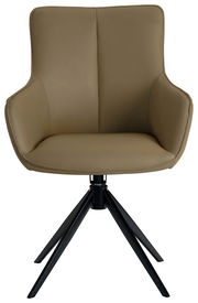 Moderner Armlehnstuhl in Beige mit schwarzem Metallgestell, Frontalansicht