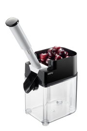 Kirschentkerner mit gefülltem Behälter, seitliche Perspektive