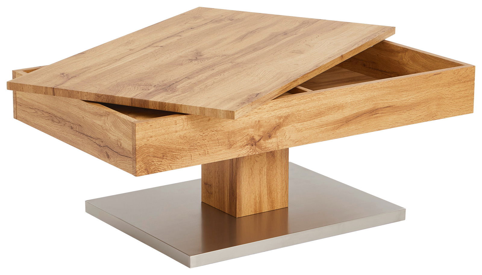 Moderner Couchtisch aus Holz mit schwenkbarer Tischplatte und Stauraum, seitliche Perspektive