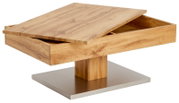 Moderner Couchtisch aus Holz mit schwenkbarer Tischplatte und Stauraum, seitliche Perspektive