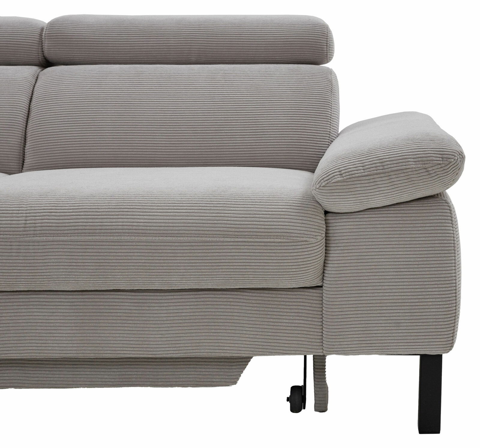 Graue Eckgarnitur mit geripptem Stoffbezug, seitliche Perspektive auf Armlehne und Rückenlehne.