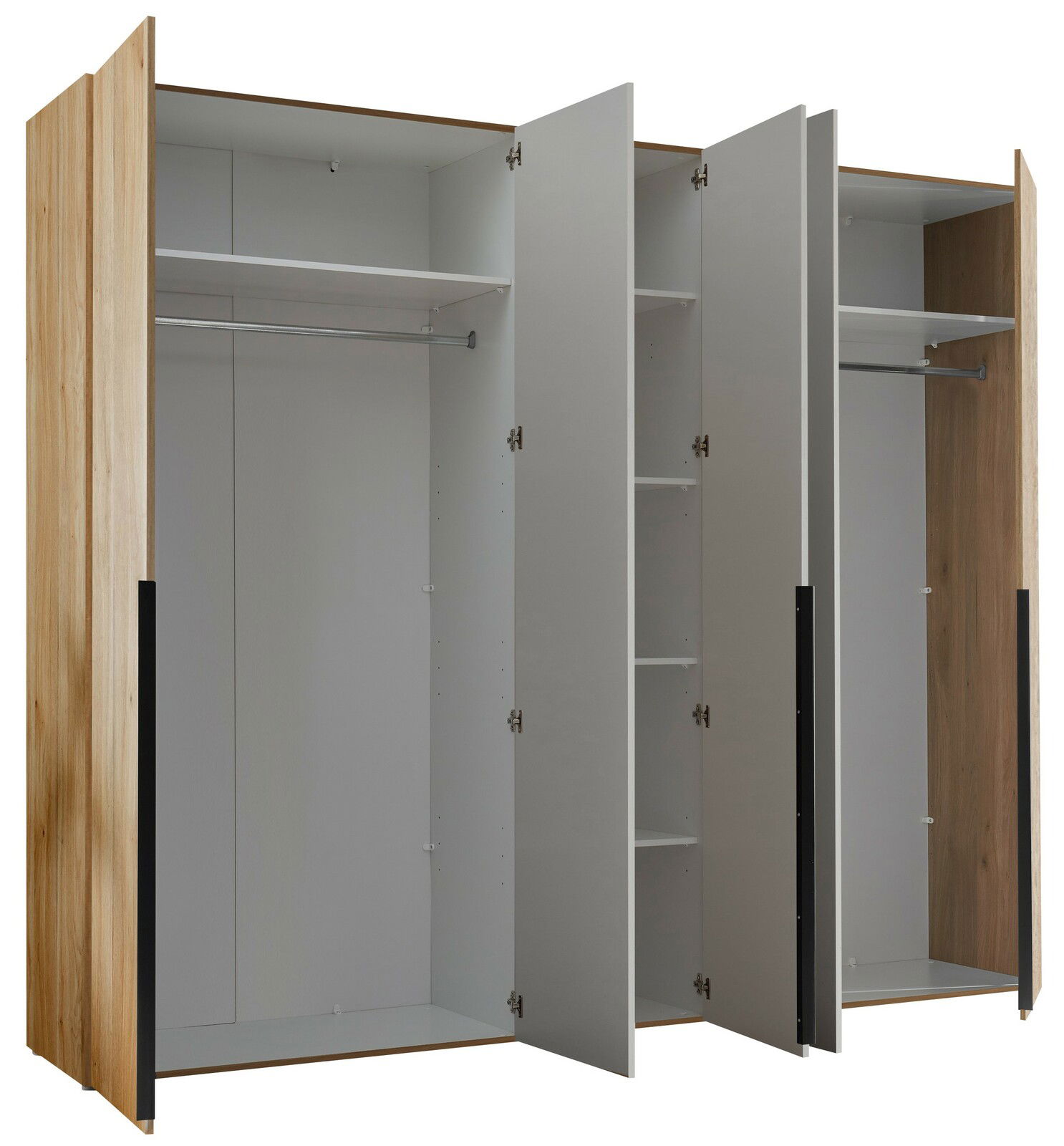 Moderner Kleiderschrank mit offenen Türen, zeigt Innenfächer und Kleiderstangen, Perspektive von vorne.