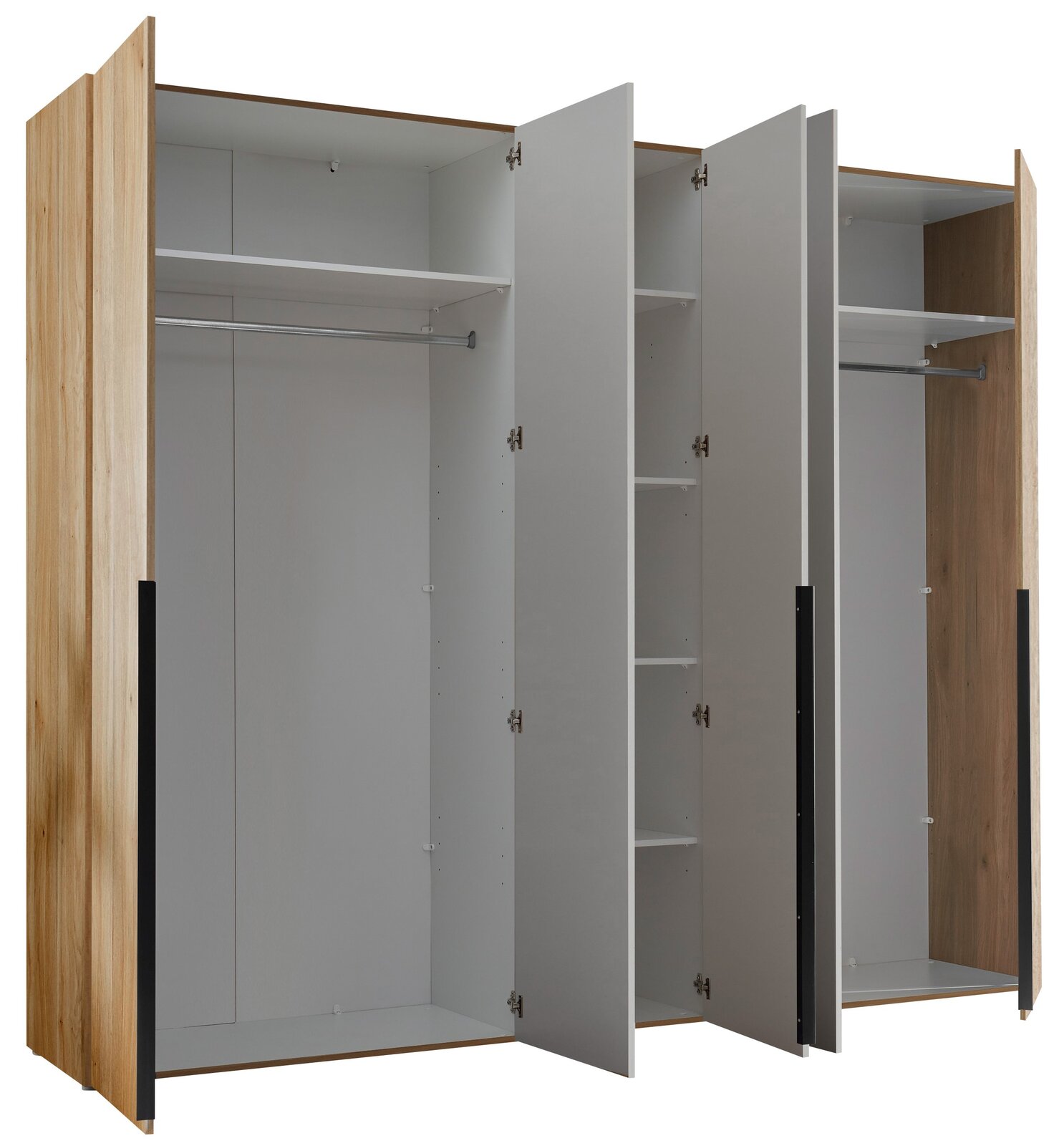 Moderner Kleiderschrank mit offenen Türen, zeigt Innenfächer und Kleiderstangen, Perspektive von vorne.