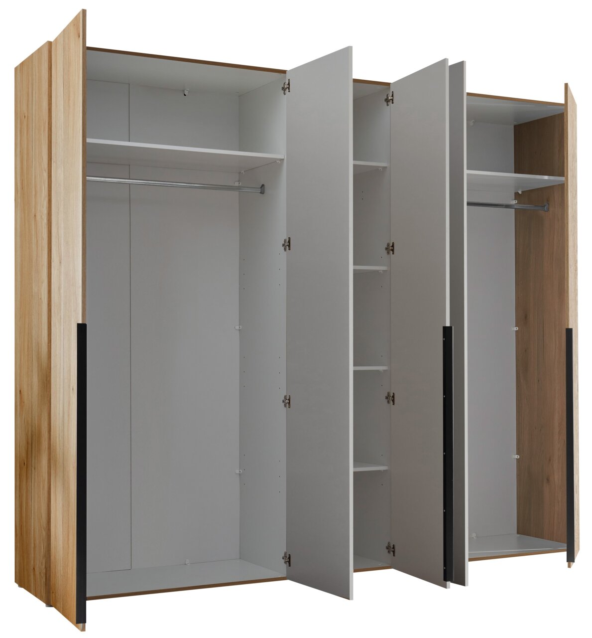Moderne kledingkast met open deuren, met zicht op de binnenvakken en kledingstangen, gezien van voren.