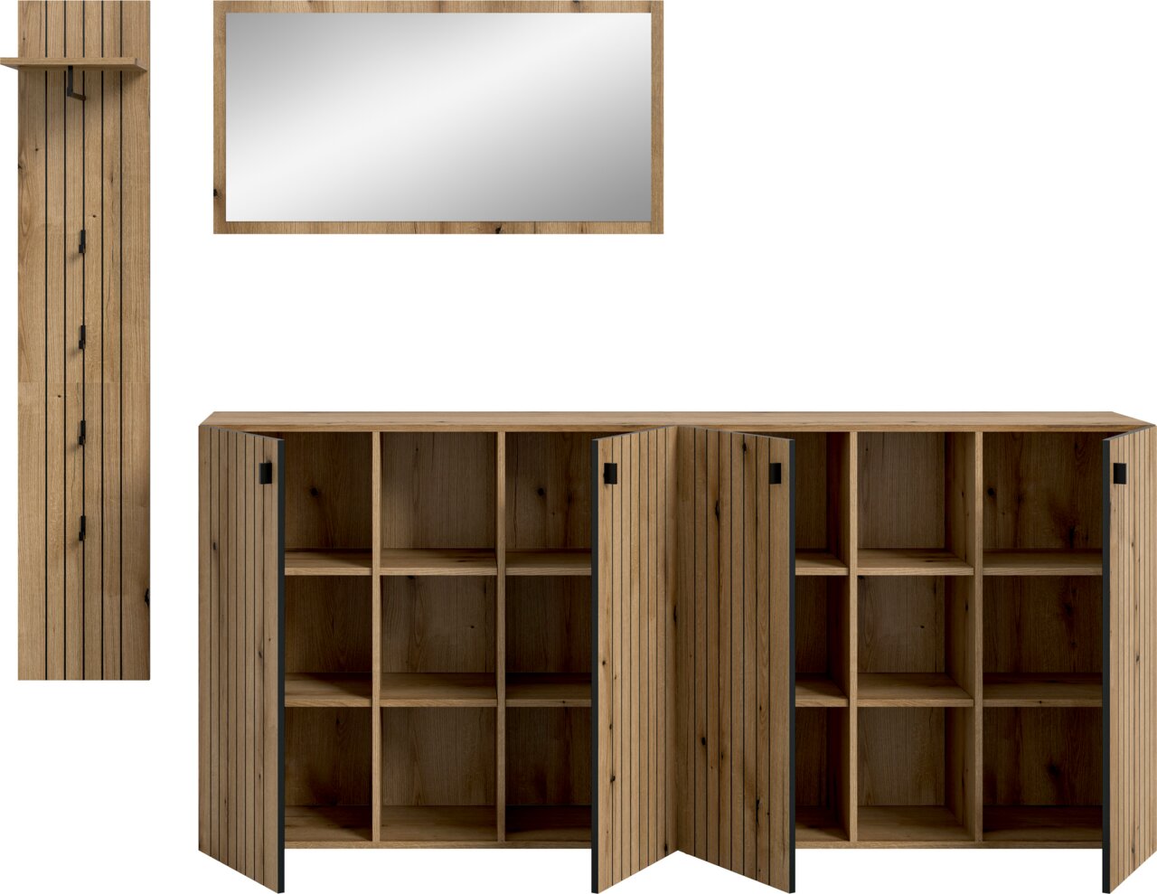 Holz-Sideboard mit Lamellenfront und offenen Fächern, Türen teils geöffnet, darüber rechteckiger Wandspiegel mit Holzrahmen; frontale Ansicht.