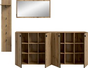 Holz-Sideboard mit Lamellenfront und offenen Fächern, Türen teils geöffnet, darüber rechteckiger Wandspiegel mit Holzrahmen; frontale Ansicht.