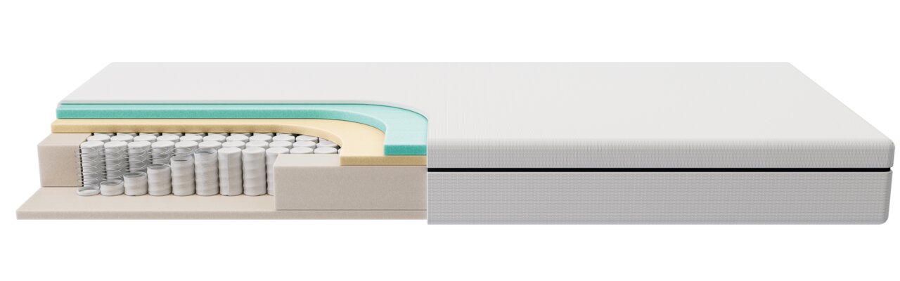 Querschnitt einer Tonnentaschenfederkernmatratze mit verschiedenen Schichten, darunter Federn und Schaumstoff, seitliche Perspektive.