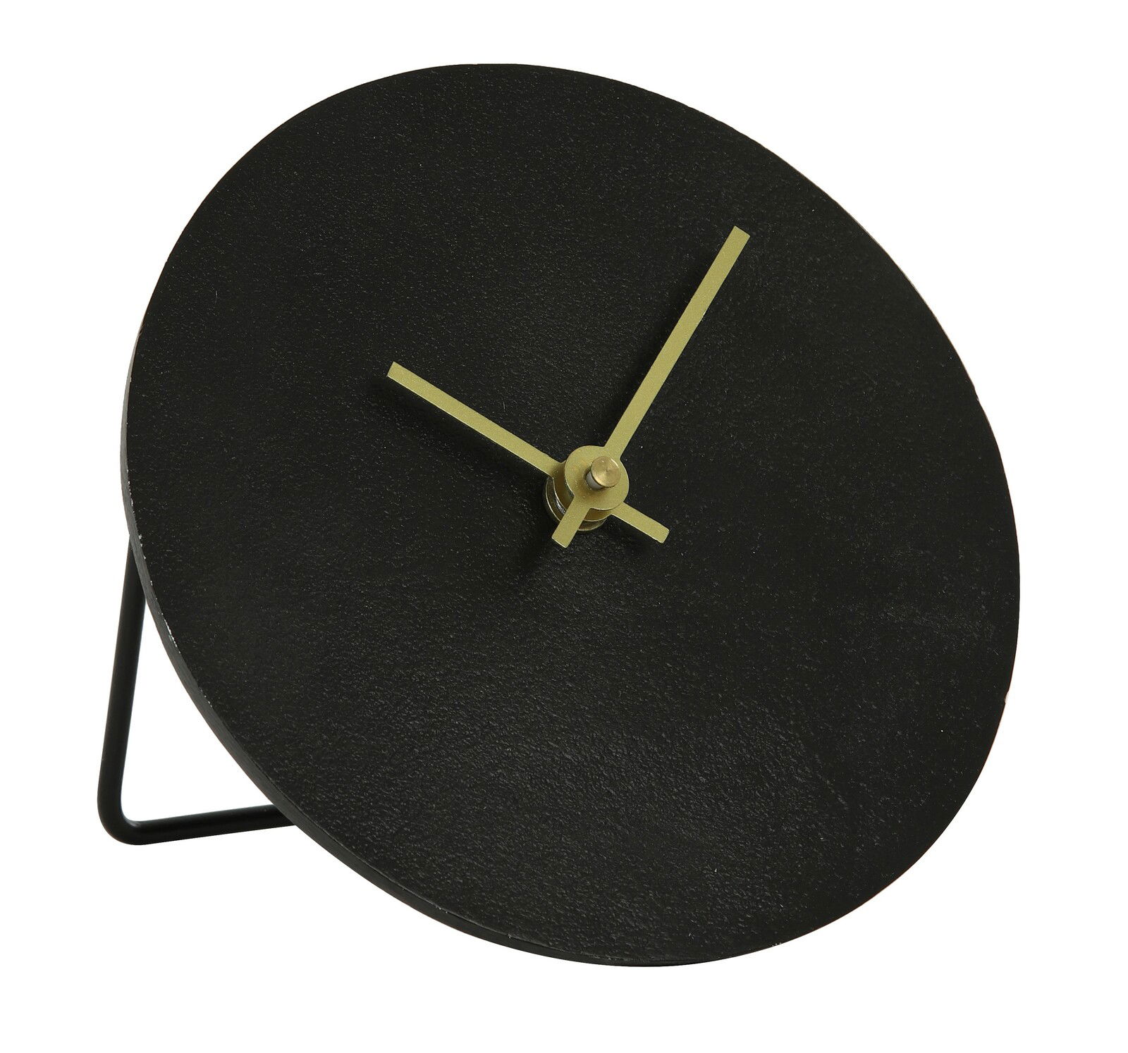 Moderne schwarze Tischuhr mit goldenen Zeigern, seitliche Perspektive