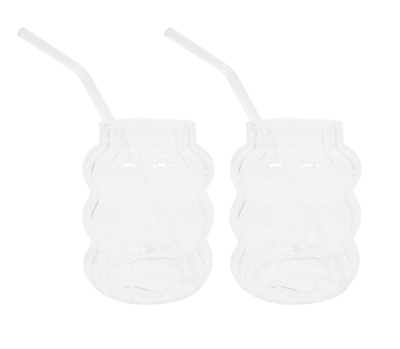 Zwei transparente, wellenförmige Gläser mit Strohhalmen, frontal betrachtet.