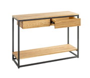 Schmale Konsole aus hellem Holz mit schwarzem Metallrahmen, zwei Schubladen und unterer Ablage, eine Schublade geöffnet; Ansicht schräg von vorne