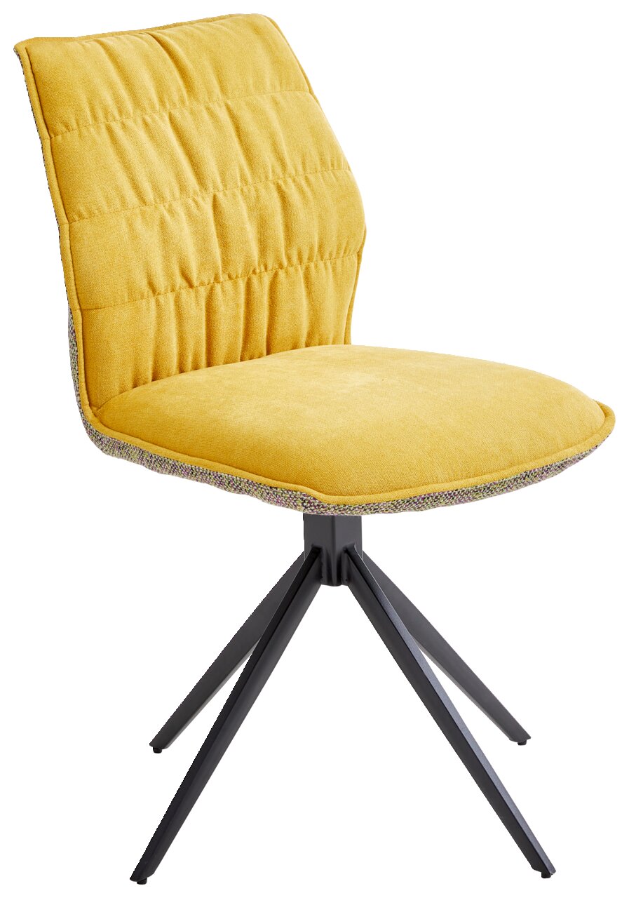 Gelber Stuhl der Serie HAPPY mit gepolsterter Sitzfläche und Rückenlehne, auf schwarzem Metallgestell, seitliche Perspektive