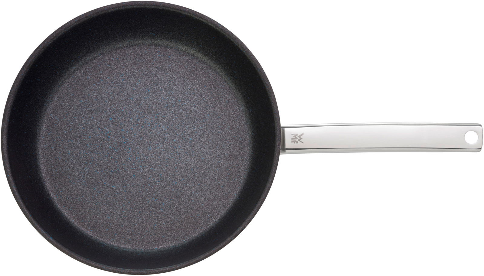 Ansicht von oben auf eine schwarze Stielpfanne mit silbernem Griff, Modell PermaDur Advanc 24.
