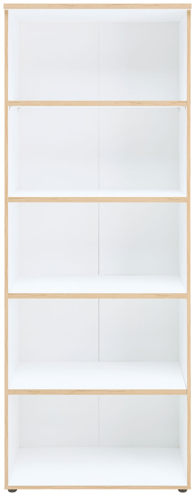 Weißes Regal mit fünf Ebenen, frontal fotografiert