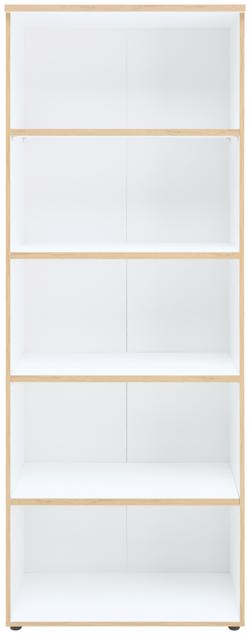 Weißes Regal mit fünf Ebenen, frontal fotografiert