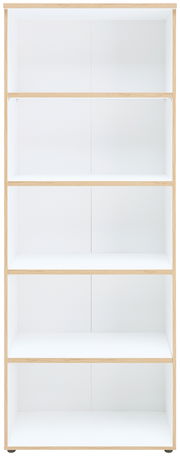 Weißes Regal mit fünf Ebenen, frontal fotografiert