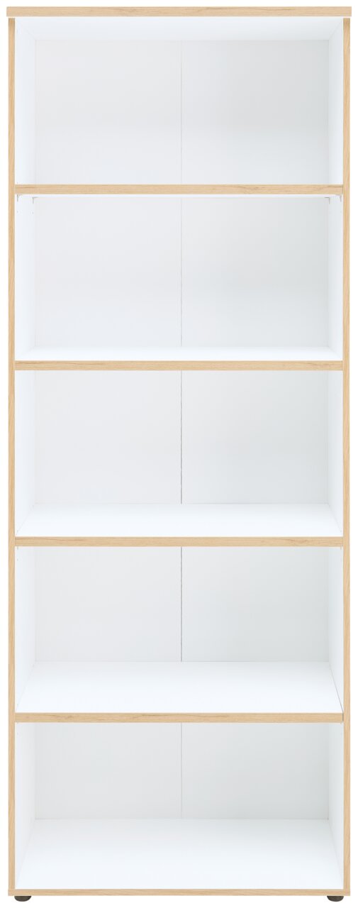 Weißes Regal mit fünf Ebenen, frontal fotografiert