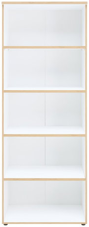 Weißes Regal mit fünf Ebenen, frontal fotografiert