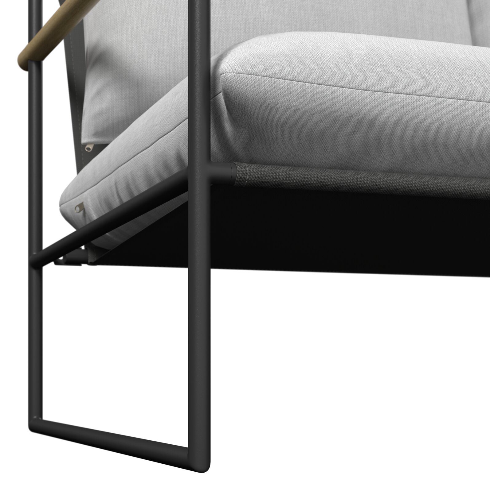 Nahaufnahme eines Gartenlounge-Sets mit grauem Kissen und schwarzem Metallrahmen, seitliche Perspektive.