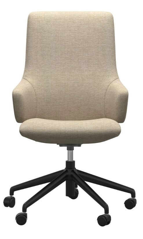 Beiger Home Office Sessel mit Armlehnen und schwarzem Drehfuß, Frontalansicht