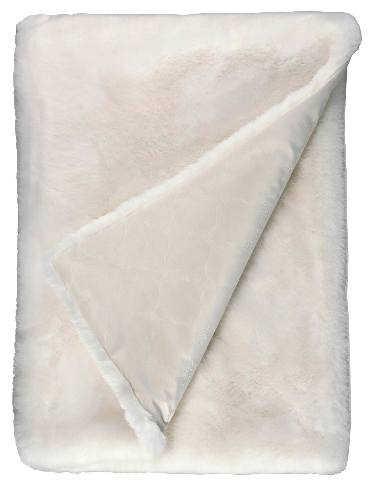 Luxuriöse weiße Wohndecke aus weichem Material, teilweise umgeschlagen, zeigt die flauschige Textur und die glatte Rückseite.