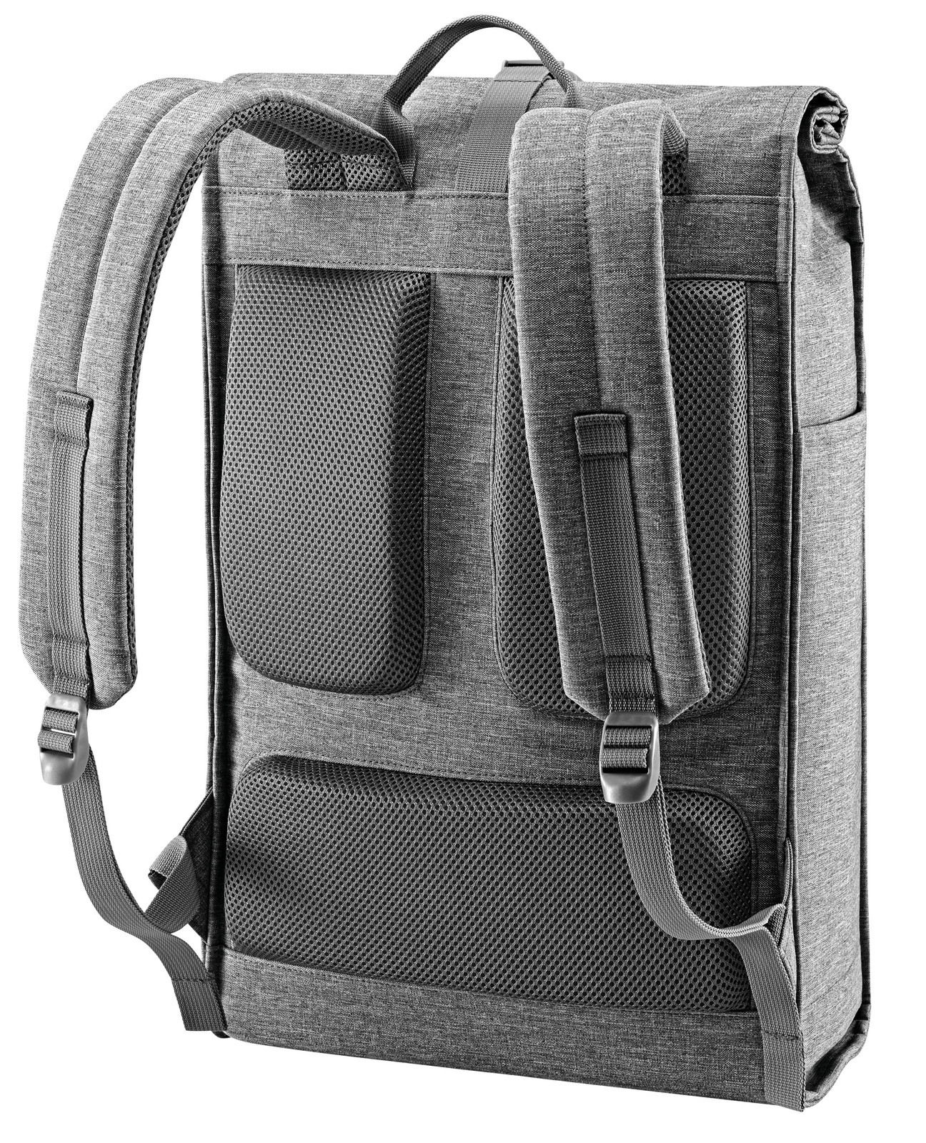 Rückansicht eines grauen Rucksacks mit gepolsterten Schultergurten und atmungsaktiven Mesh-Einsätzen.