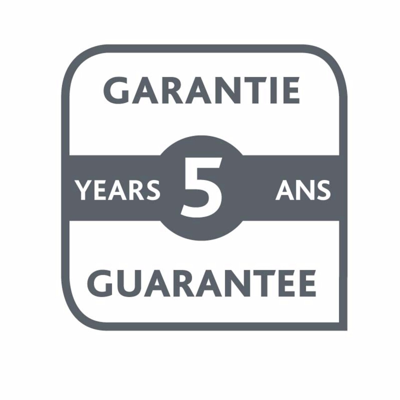 Logo met 5 jaar garantie in een vierkante vorm, vooraanzicht