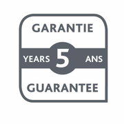 Logo met 5 jaar garantie in een vierkante vorm, vooraanzicht