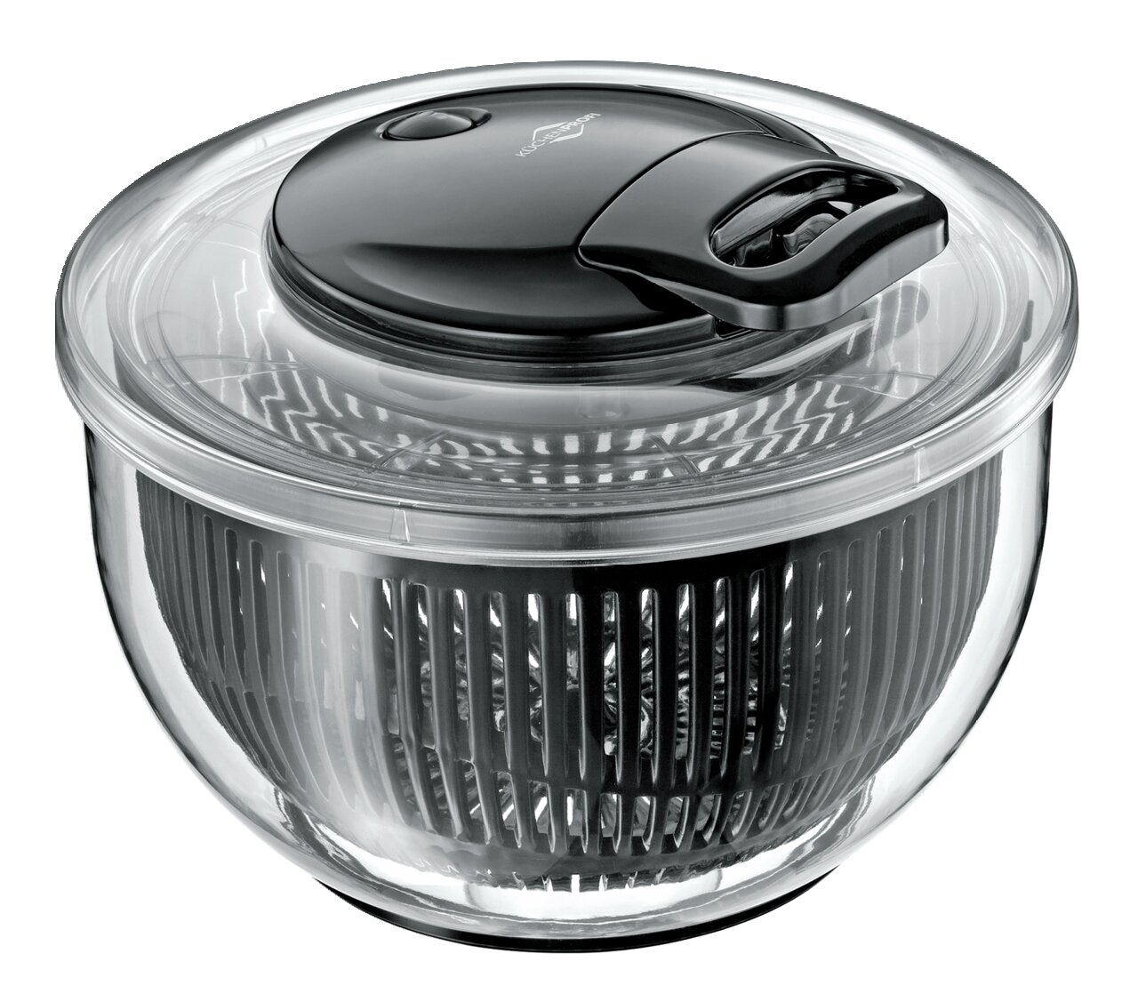 Salatschleuder TURBO aus seitlicher Perspektive mit transparentem Behälter und schwarzem Deckel.