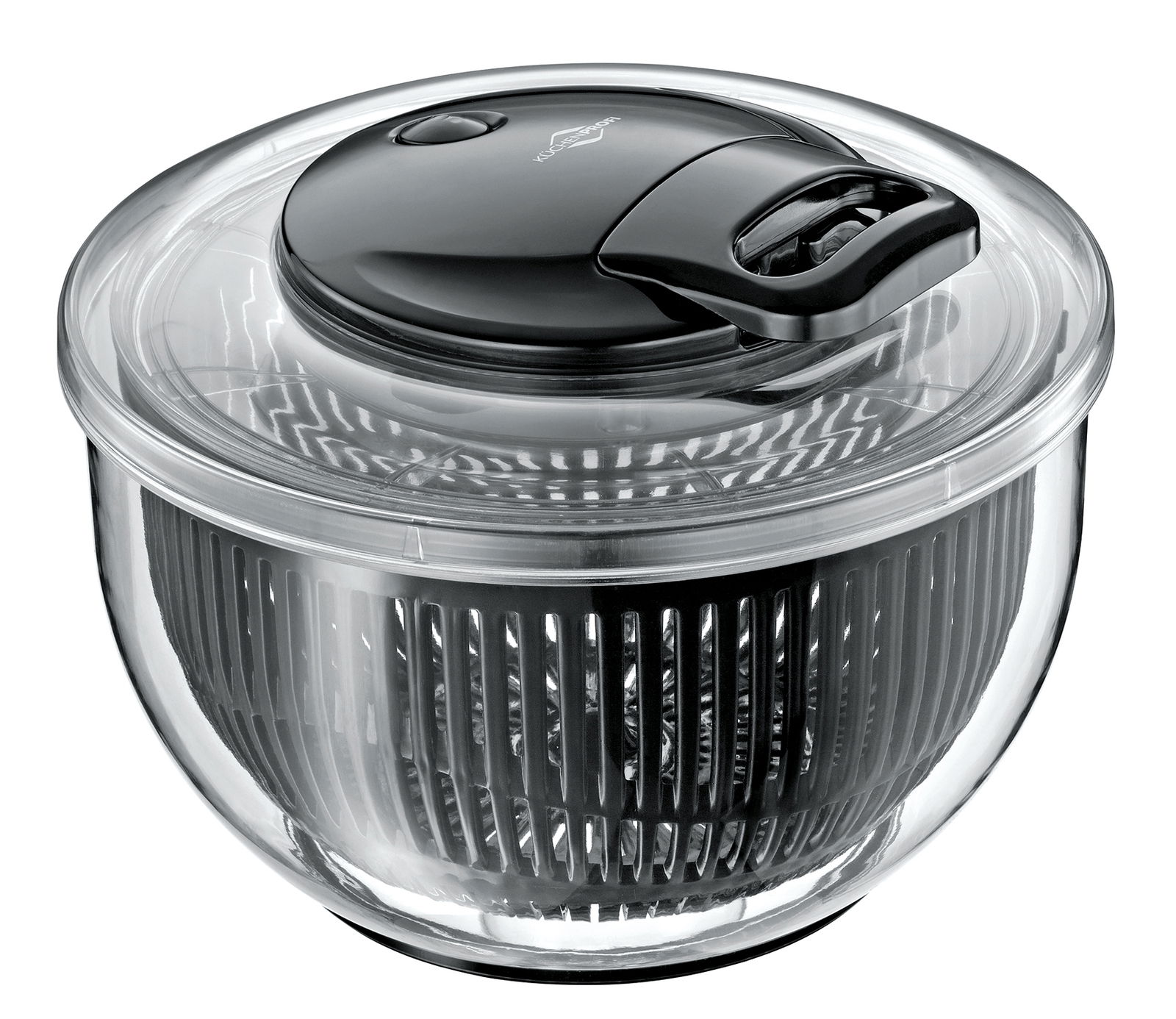 Salatschleuder TURBO aus seitlicher Perspektive mit transparentem Behälter und schwarzem Deckel.