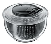 Salatschleuder TURBO aus seitlicher Perspektive mit transparentem Behälter und schwarzem Deckel.