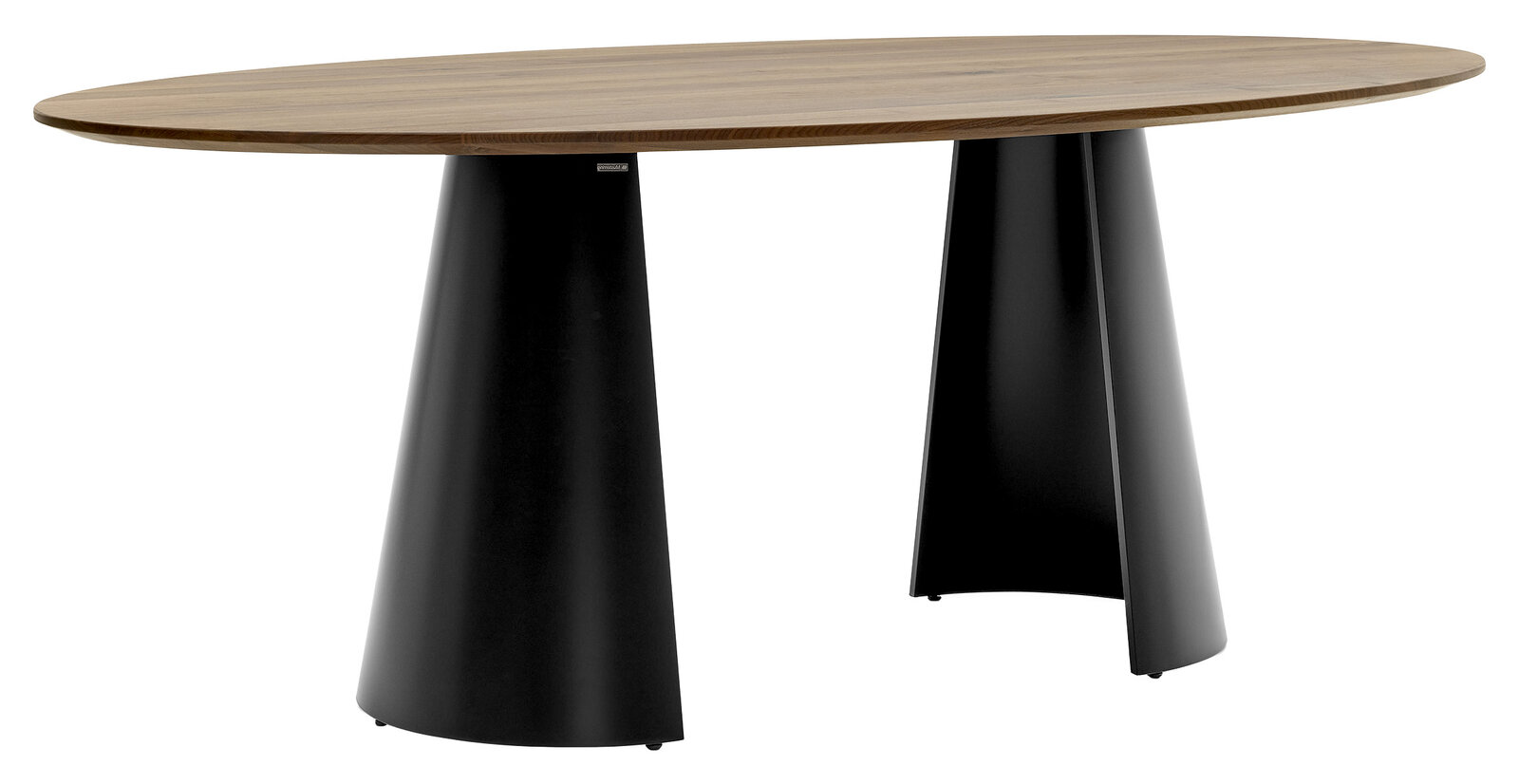 Moderner Esstisch mit ovaler Holzplatte und schwarzen konischen Beinen, seitliche Perspektive