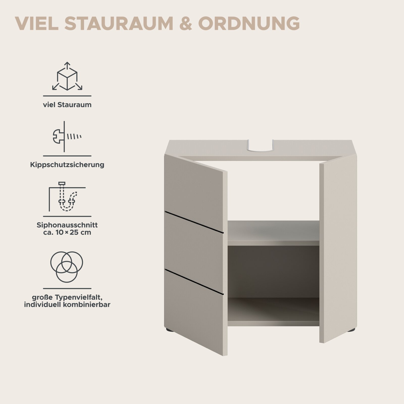 Badezimmer-Waschtischunterschrank in Hellgrau/Beige mit geöffneten Türen und viel Stauraum, inkl. Kippschutzsicherung und Siphonausschnitt ca. 10 × 25 cm, perspektivische Frontansicht leicht von oben