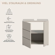 Badezimmer-Waschtischunterschrank in Hellgrau/Beige mit geöffneten Türen und viel Stauraum, inkl. Kippschutzsicherung und Siphonausschnitt ca. 10 × 25 cm, perspektivische Frontansicht leicht von oben