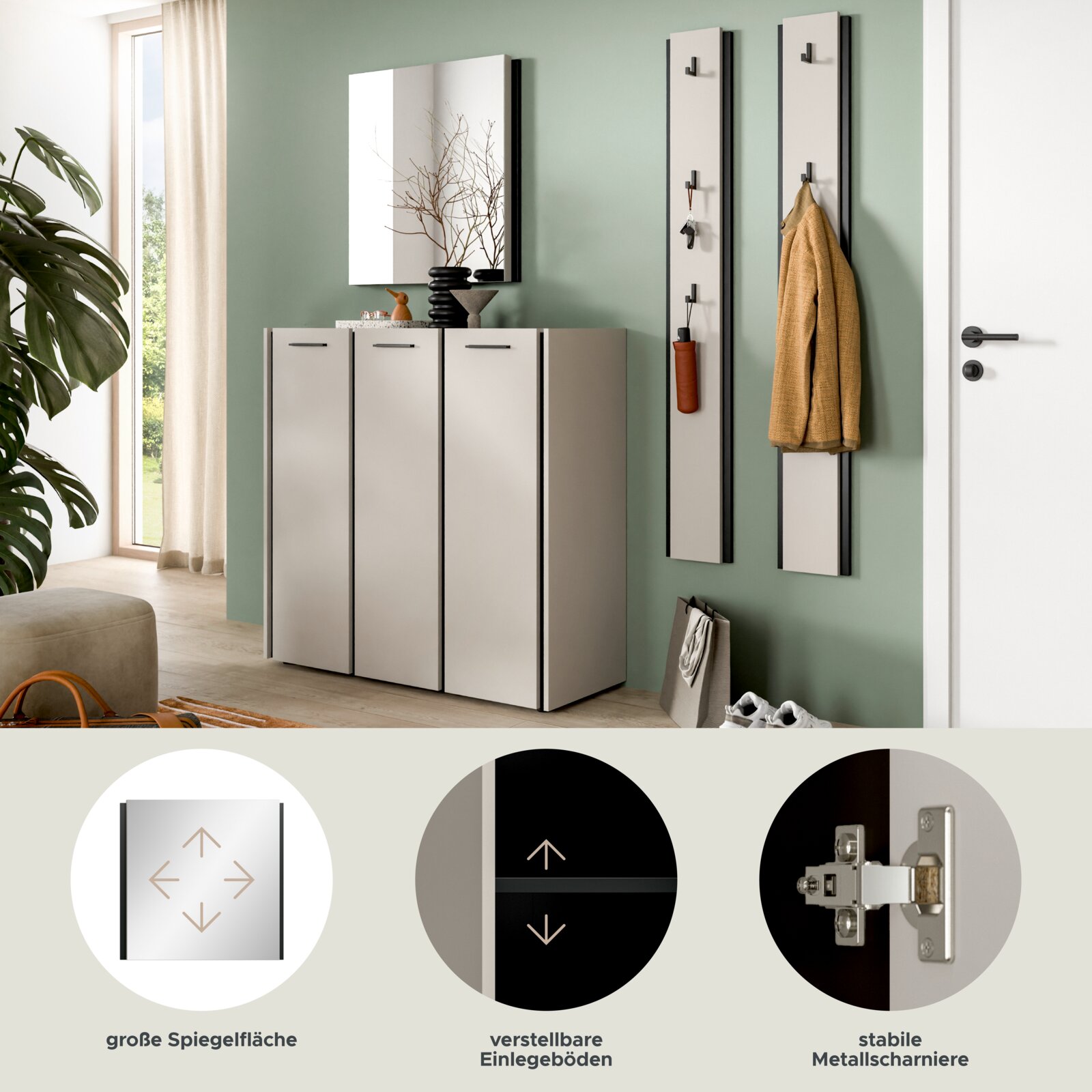 Moderner Flur mit weißem Schuhschrank und zwei hohen Garderobenpaneelen mit Haken an der Wand, daneben ein Spiegel über dem Schrank; Perspektive: frontale Ansicht mit leicht schrägem Blick von links.
