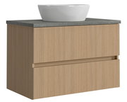 Moderner Waschtisch mit Holzoptik und weißem Aufsatzbecken, seitliche Perspektive