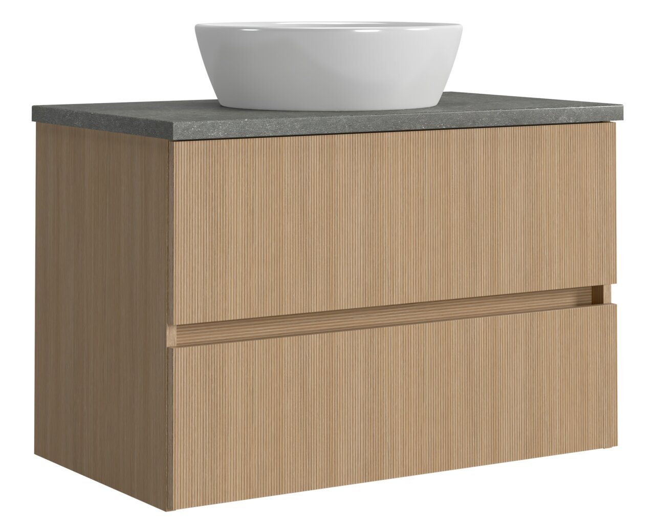 XORA Waschtisch-Set TOULON Moderner Waschtisch mit Holzoptik und weißem Aufsatzbecken, seitliche Perspektive