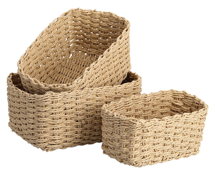 Dreiteiliges Set von Aufbewahrungskörben aus geflochtenem Material, in einer leicht schrägen Perspektive gestapelt.
