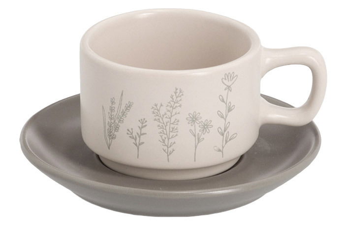 Espresso-Tasse mit Untertasse, verziert mit zarten Pflanzenmotiven, seitliche Perspektive