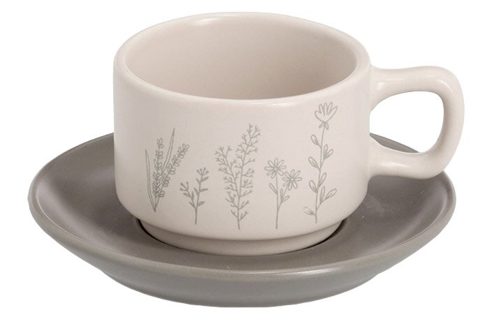 Espresso-Tasse mit Untertasse, verziert mit zarten Pflanzenmotiven, seitliche Perspektive