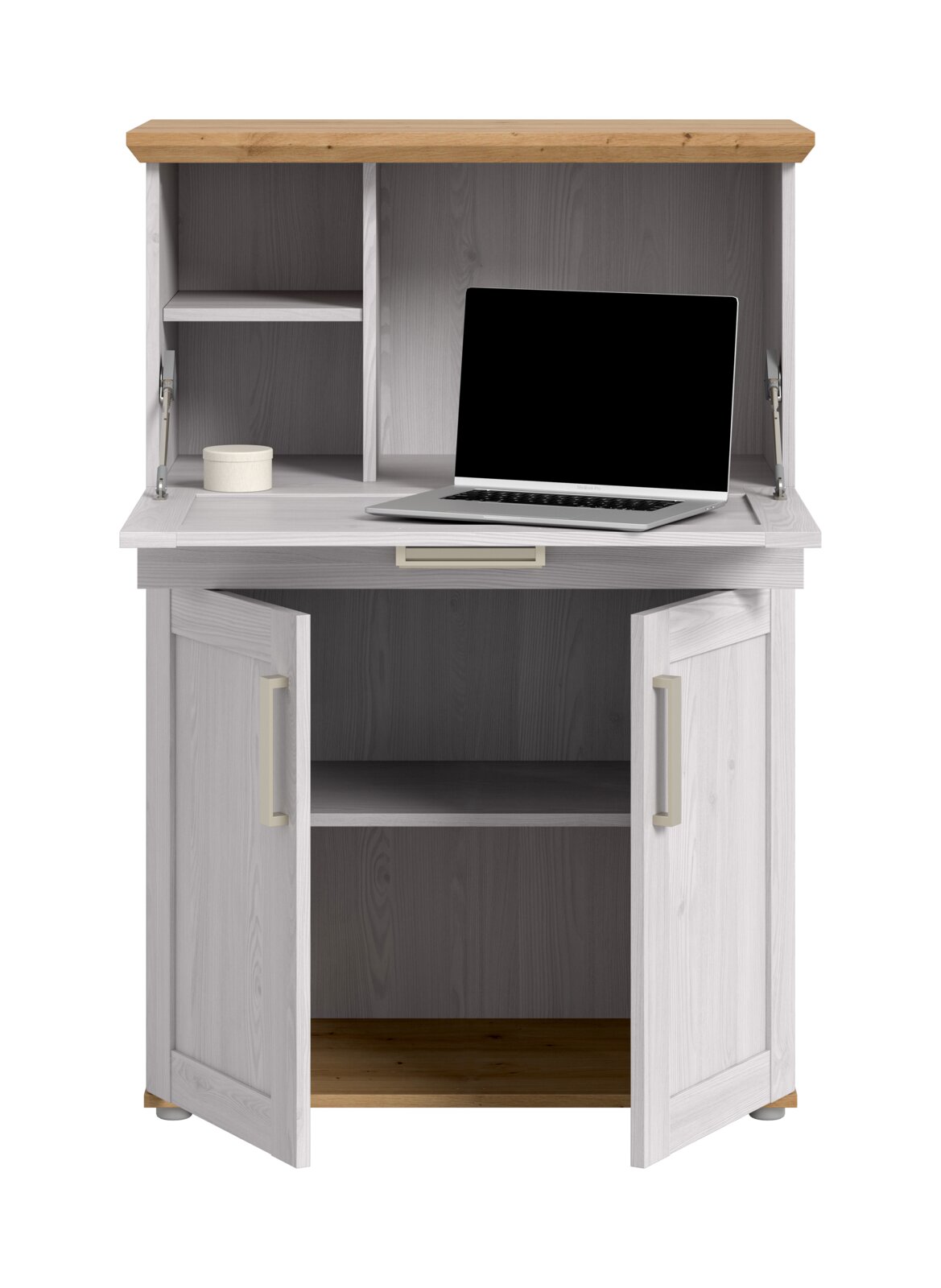 Weißer Sekretär-Schrank aus Holz mit naturfarbener Abdeckplatte, geöffneten Türen und ausklappbarer Schreibfläche, innen mit Regalfächern und Laptop; Frontalansicht.
