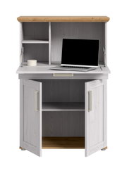 Weißer Sekretär-Schrank aus Holz mit naturfarbener Abdeckplatte, geöffneten Türen und ausklappbarer Schreibfläche, innen mit Regalfächern und Laptop; Frontalansicht.