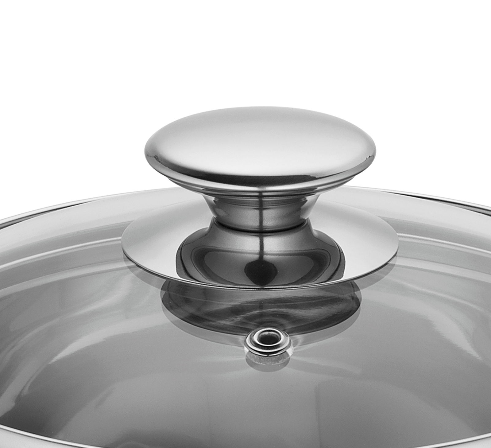 Nahaufnahme des Deckels eines Kochtopfs CAPRI, 16 cm, mit glänzendem Edelstahlknauf und Glasdeckel.