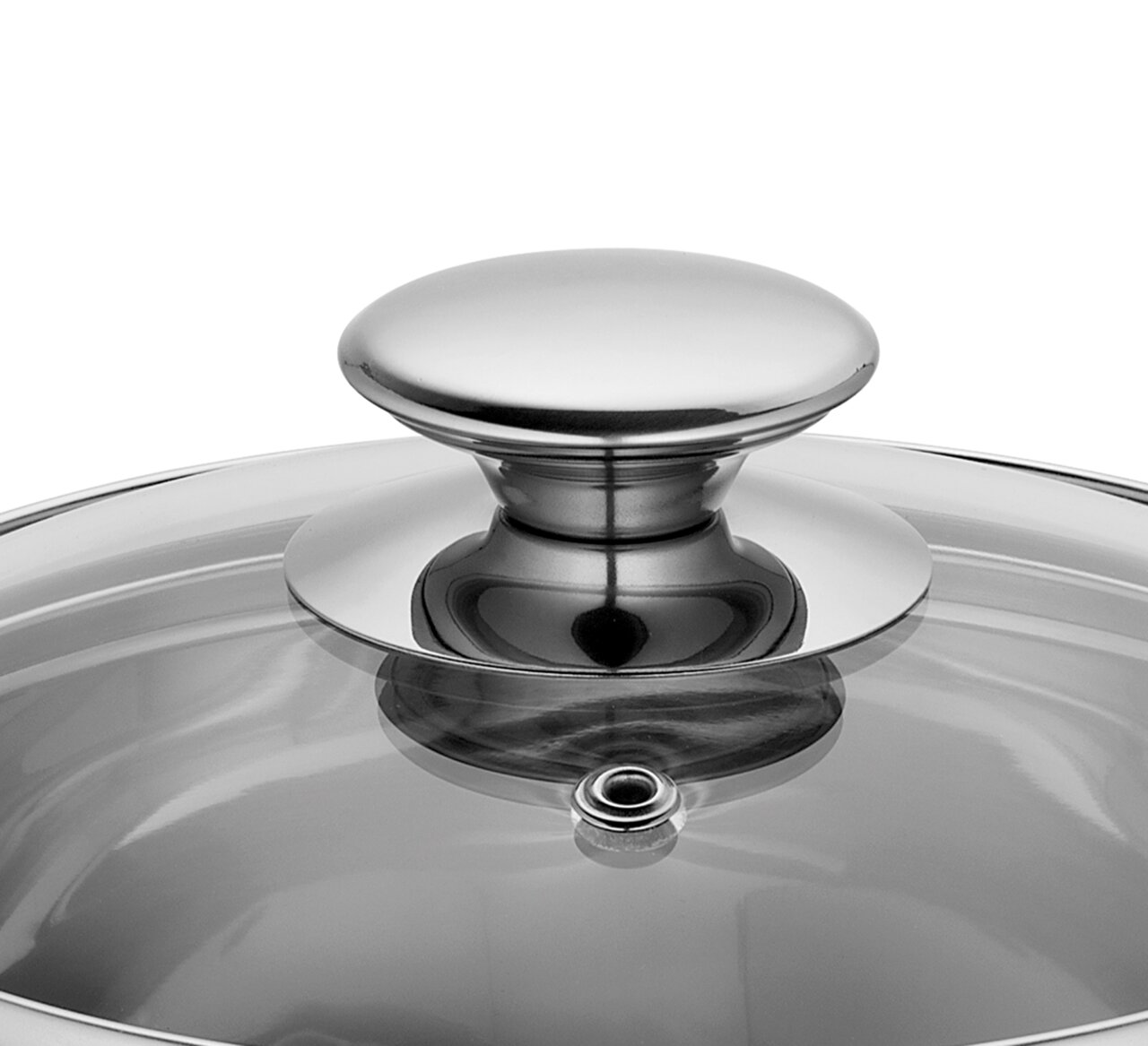 KÜCHENPROFI Kochtopf CAPRI Nahaufnahme des Deckels eines Kochtopfs CAPRI, 16 cm, mit glänzendem Edelstahlknauf und Glasdeckel.