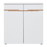 Weiße Kommode mit Holzdetails, frontale Ansicht