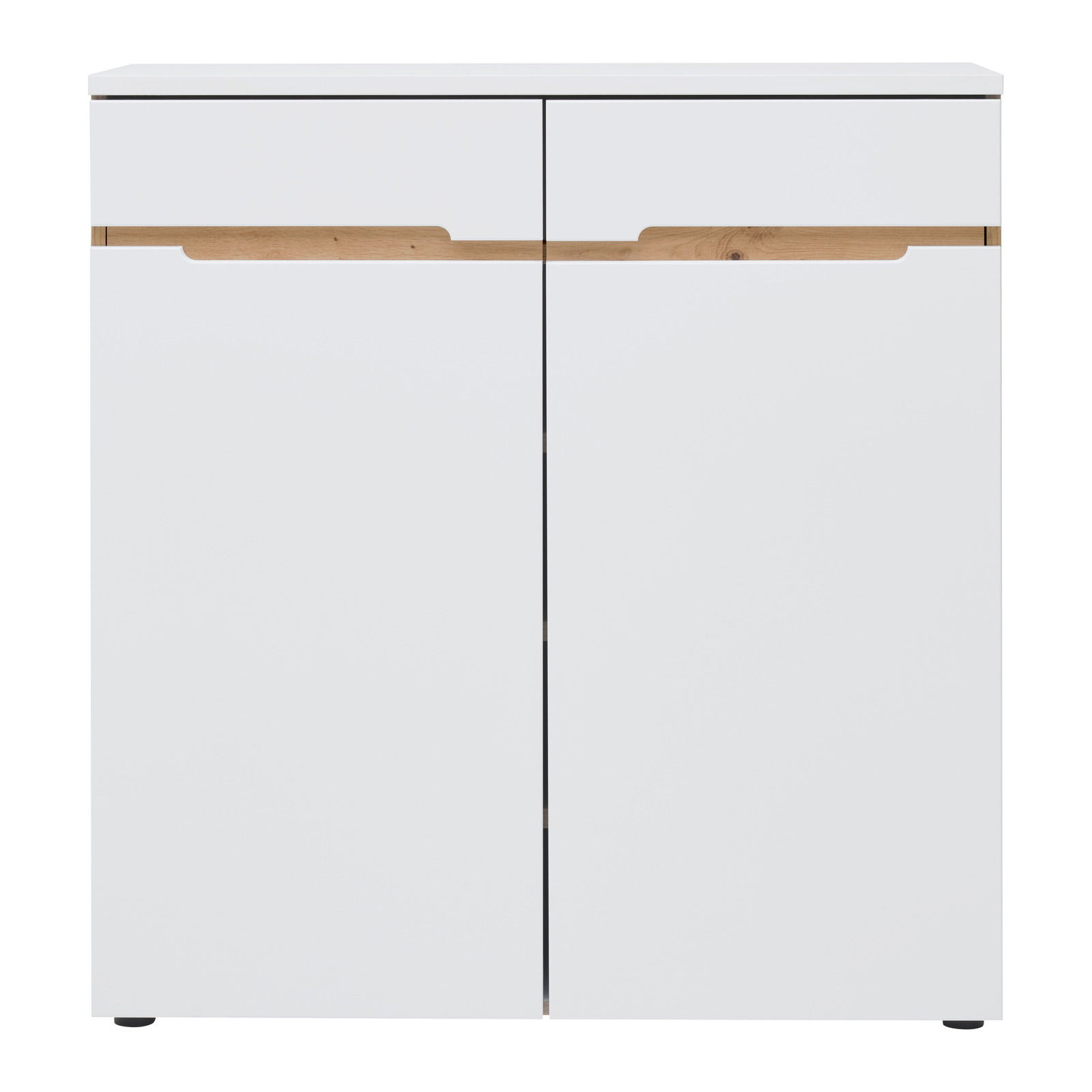 Weiße Kommode mit Holzdetails, frontale Ansicht