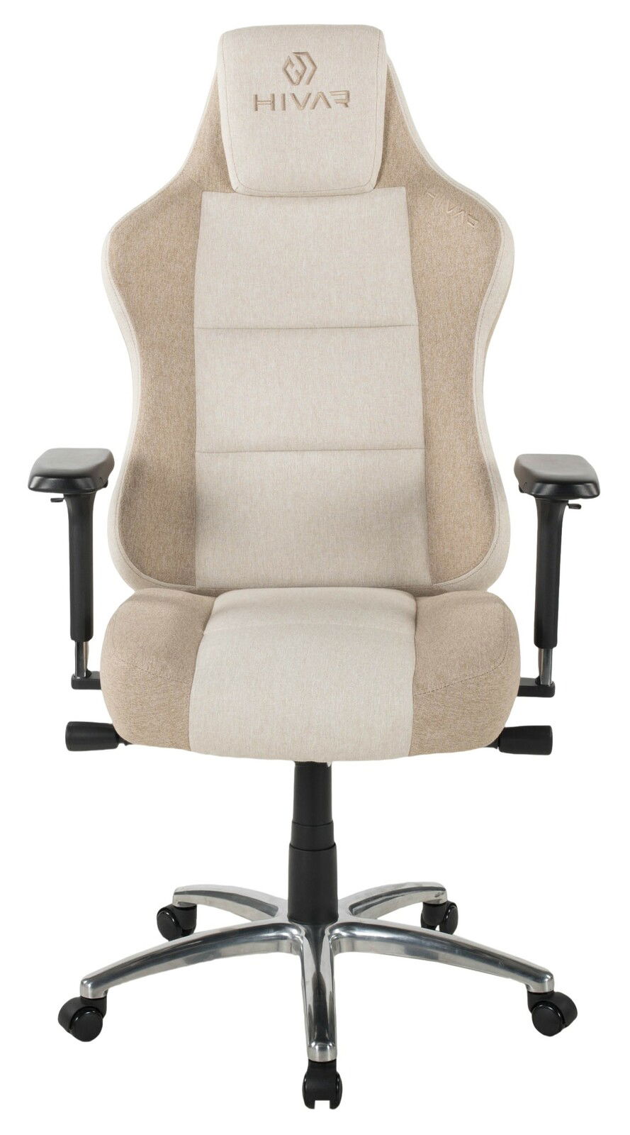 Beiger Gaming Stuhl mit Armlehnen und Rollen, Vorderansicht