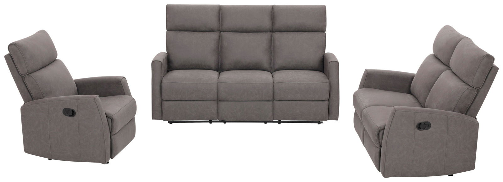 Drei graue Sessel in verschiedenen Perspektiven: ein einzelner Sessel von der Seite, ein dreisitziges Sofa von vorne und ein weiterer Sessel von der Seite.